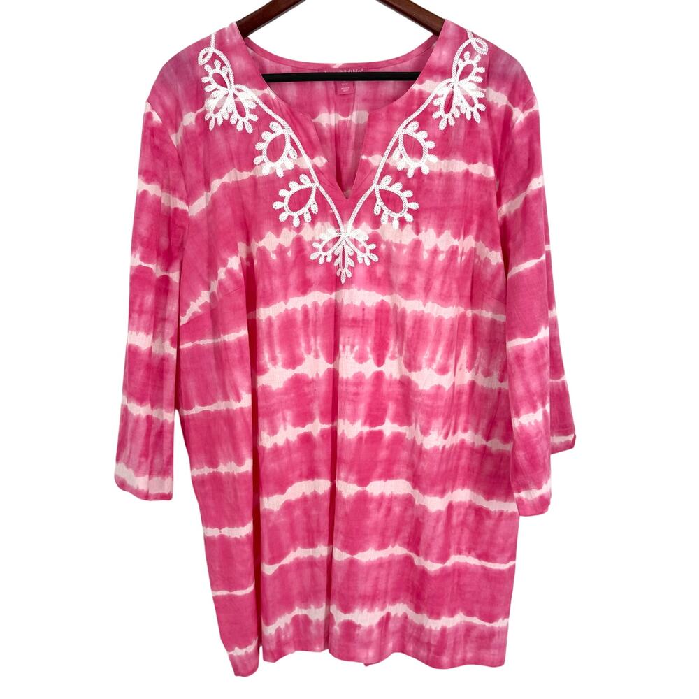 Woman Within Plus Size 1X 22/24 Pink White Blouse Shirt Top Tropical Beach